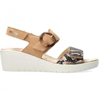 Cómoda Sandalia mujer Phelicia en piel boa y camel con ajustes de velcro, plantilla anatómica móvil, línea Mobil's de Mephisto ideal para pies sensibles, altura tacón bajo (3-5 cm), referencia P