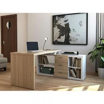 Escritorio rinconera con compartimentos ALDRIC III - Blanco y roble