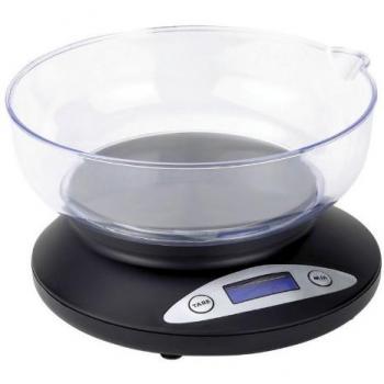 Tristar KW-2430 Báscula de Cocina con bol medidor de plastico, Pantalla LCD, Pesa hasta 2 kg, función tara, botón de encendido y apagado, Negro