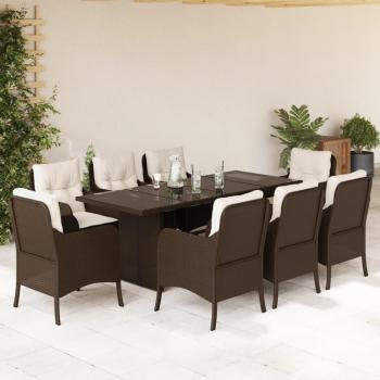 9-Piece Brown Poly Rattan Garden Dining Set with Cushions