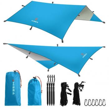 Hisea Hamaca Lona Rain Fly Tent Tarps 3m x 3m - Ligero Impermeable Cubierta de la Lluvia Volar Rainfly Parasol Refugio Ripstip Tarp Para Camping Senderismo Playa Trekking Viajes,Azul