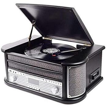 Equipo de música Denver MRD-51 Black de Estilo Retro con Tocadiscos, Radio Digital Dab, Reproductor de CD y casetes, Grabación Directa USB - Negro
