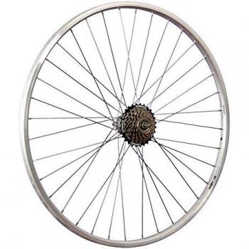 Rueda trasera de bicicleta de 28 pulgadas YAK19 con piñón de 6 velocidades en color plateado.