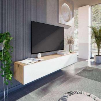 Mueble TV Suspendido Kaway con 2 Puertas Abatibles en Color Roble Nodi y Blanco Artik, Dimensiones: 35x180x28 cm