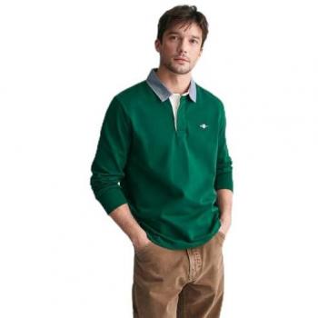 Polo de Hombre Gant de Manga Larga en Algodón Chambray Verde Oscuro - Talla L