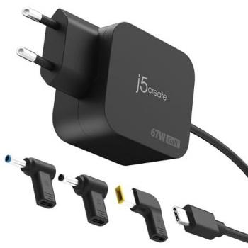 Minicargador USB-C PD GaN de 67W con 3 conectores DC - J5CREATE