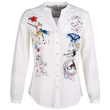 Desigual Camiseta de Manga Larga para Mujer, Color Camisa, Blanco