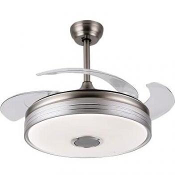 TODOLAMPARA - Ventilador de techo con luz LED 36W motor DC y Altavoz modelo MATANUSKA Níquel, 3 tonalidades con memoria, aspas retráctiles, 6 velocidades, control remoto, temporizador, silencioso