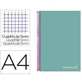 Cuaderno espiral liderpapel a4 micro jolly tapa forrada 140h 75gr cuadro 5mm 5 bandas 4 taladros color turquesa.