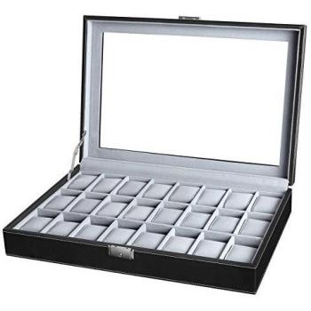 Caja de Relojes para 24 Relojes, Superficie Negra con Interior Gris y Tapa de Cristal