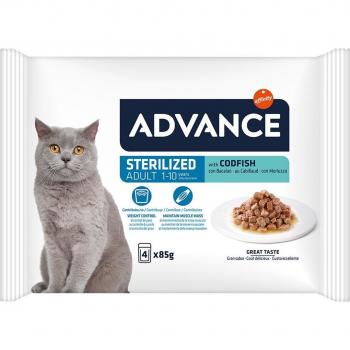 Advance Sterilized Adult Cod Wet Cat Food Pouches - Economy Pack: 52 x 85g