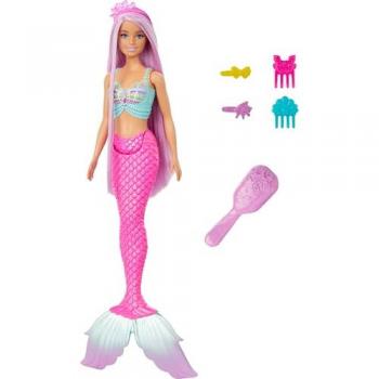 Barbie Muñeca Sirena Pelo Largo Rosa Con Accesorios Para Peinar, Serie Un Toque De Magia, Juguete +3 años (Mattel HRR00)