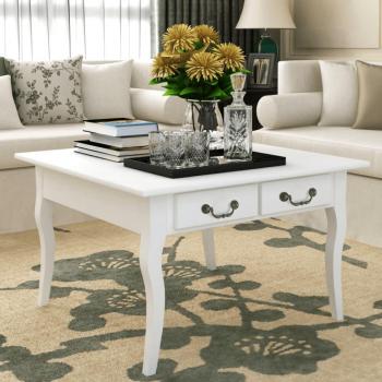 Mesa de centro de madera 80x80x50 cm en color blanco, marrón y gris con 4 gavetas