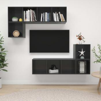 vidaXL Juego de Muebles de Salón 4 Piezas en Madera Ingeniería y Aglomerado Gris Brillante, incluye Mueble TV, Mesa de TV, Mueble Televisor