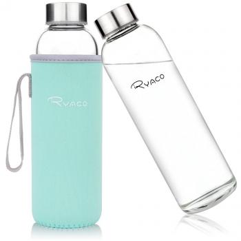 Botella de Agua Cristal 550ml, Ryaco Botella de Agua Reutilizable 18 oz, Sin BPA Antideslizante Protección Neopreno Llevar Manga y Cepillo de Esponja