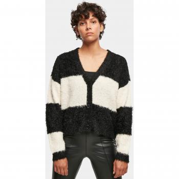 Urban Classics Women's Short Oversized Feather Cardigan in Black/Whitesand