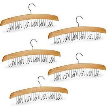 Set de 5 perchas para corbatas y cinturones, soporte giratorio para 12 cinturones, madera de loto, 17x43x5 cm, color natural/plateado