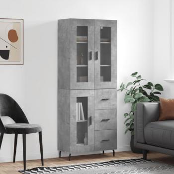 Aparador alto de madera contrachapada gris hormigón 69,5x34x180 cm con 1 puerta de cristal y 3 cajones, mueble de almacenaje para salón, buffet y armario auxiliar
