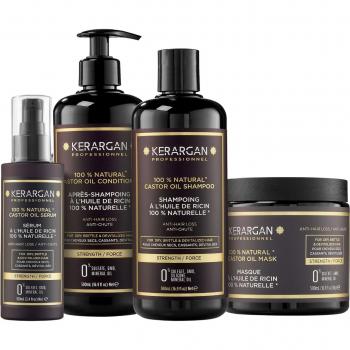 Kerargan - Set Completo de Cuidado Capilar: Champú, Acondicionador, Mascarilla y Sérum con Aceite de Ricino, Argán y Manzanilla - Sin Sulfatos, Parabenos ni