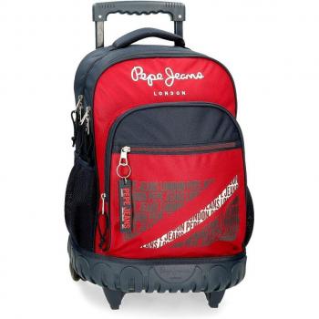 Mochila Pepe Jeans Clark con carro, dos compartimentos y ruedas en color rojo.
