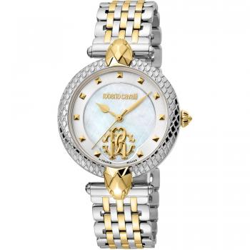 Reloj de pulsera analógico para mujer Roberto Cavalli by Franck Muller - Correa de acero inoxidable color oro amarillo, Dial de nácar blanco antiguo
