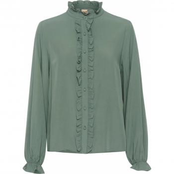 Green Puff Sleeve Frill Shirt for Women, Size M
