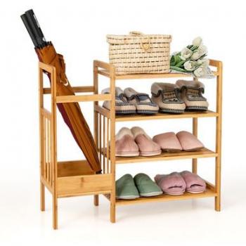 4-Tier Bamboo Shoe Rack Organizer with Umbrella Holder and Shelves