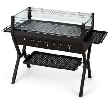 Stainless Steel Portable Charcoal BBQ Grill with Wind Guard, Seasoning Racks, and Storage Shelf