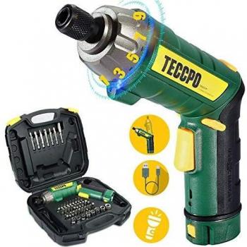 Atornillador Eléctrico, TECCPO Destornillador Eléctrico, 45 Accesorios, 6Nm Par Max, 2000mAh Recargable, 9 Velocidad Ajustable, 1 Modo de Taladro, Luz LED, Carga USB