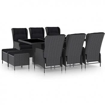 9-Piece Dark Gray Poly Rattan Patio Dining Set with Cushions