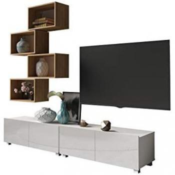 Conjunto de salón Providence B148 - Muebles de aglomerado laminado, blanco brillante y roble dorado, incluye mesa de TV, dimensiones 200 x 43 cm