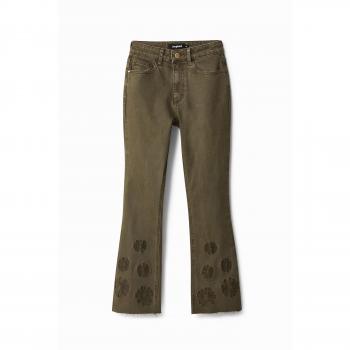 Embroidered Cropped Flare Jeans - Desigual Green Khaki Size S