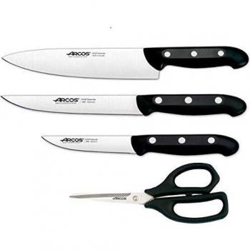 Juego Cuchillos Cocina Arcos | cuchillo arcos negro | Arcos cuchillos | cuchillos cocina | Arcos Maitre | 4 piezas | Chef 215 mm, Cocina 150 mm, Verduras 100 mm Tijera cocina
