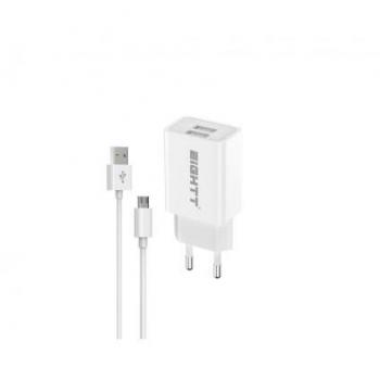 Cargador Eightt ECW-IP para Smartphone/Tablet, 5V, Doble USB-A 2x2.4A, con Cable Lightning de 1.2m, Color Blanco