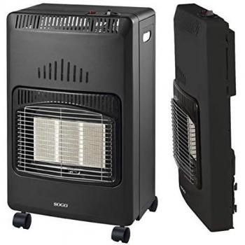 SOGO CAL-SS-18290 - Estufa de Cerámica Gas Butano, Plegable Para Almacenamiento,3 Potencias, Bombonas de 13 Kg, Triple Sistema de Seguridad, 5 Ruedas, 4200 W