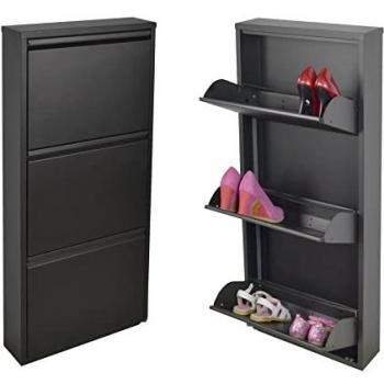 Zapatero Slim Negro de 3 Puertas | Ahorra Espacio | Capacidad para 6-9 Pares de Zapatos | Sin Montaje | Metálico con Garantía de 15 Años