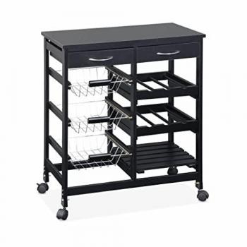 Carro de cocina con ruedas negro, 2 cajones, 3 cestas, 2 botelleros, 1 estante, dimensiones 65x35x76 cm