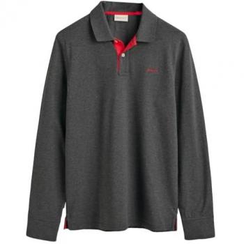 Polo de Piqué Gant para Hombre de Manga Larga con Contraste en Antracita Melange, Talla M, Casual, 96% Algodón y 4% Elastano