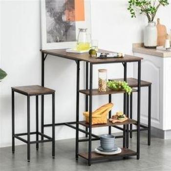 HOMCOM Set de Mesa de Bar y 2 Taburetes con Reposapiés, Estantes de 3 Niveles y Almohadillas Ajustables para Cocina o Comedor, Medidas 109x60