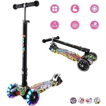 WeSkate - Patinete Niños Patinete de 3 Ruedas Plegables con Ruedas Luminosas y Manillar Ajustables para Niños y Niñas de 4 a 12 Años Multicolor e Impreso