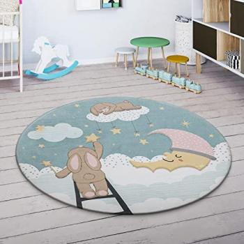 Alfombra Infantil Hare Estrellas Nube Luna Turquesa Crema Rosa 80 cm Redonda
