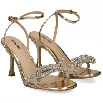 Sandalias planas con tiras de flor y brillos en piel para mujer