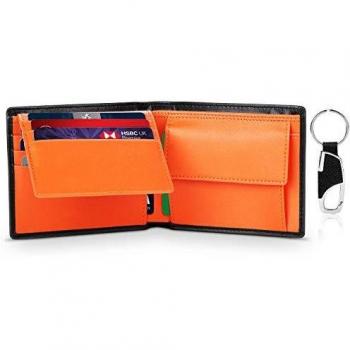 TEEHON Carteras para Hombre, Cartera RFID Hombre, Cartera Delgada con 10 Tarjetas, 2 Compartimentos para Billetes, 1 Bolsillo para Monedas con Botón, 1 Llavero y Regalo Caja - Naranja Negro