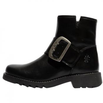 Fly London Rily Women's Black Leather Ankle Boots with Buckle Strap