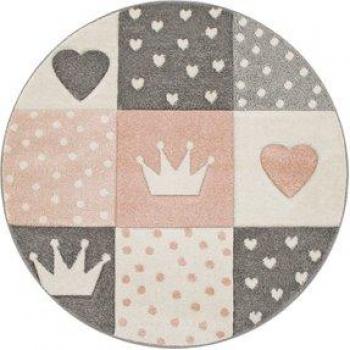 Alfombra Infantil Redonda Cuadros Puntos Corazones Estrellas Blanco Gris Rosa ø 120 cm