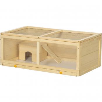 PawHut Jaula para Hámster de Madera con Techo Abatible Panel de Acrílico Bandeja Extraíble y Cabaña 100x58x38 cm Natural