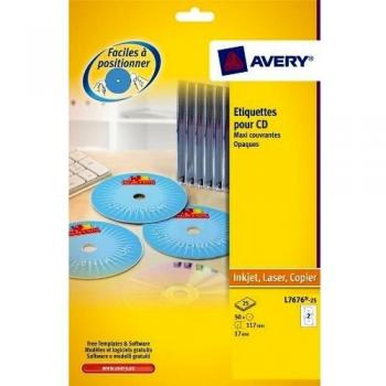 Avery L7676-25 - Pack de 25 hojas con etiquetas para CD/DVD, diámetro 117 mm