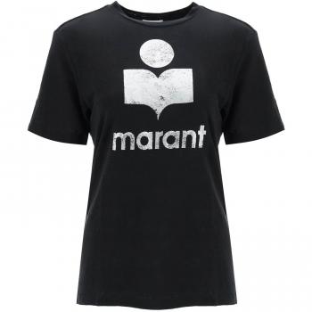 Isabel Marant Étoile Zewel T-Shirt with Metallic Logo Print - S Black Casual Cotton T-Shirt