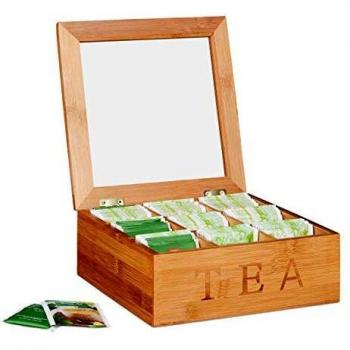 Estuche de té de bambú con ventana transparente, 9 compartimentos, 22 x 22 cm, color marrón