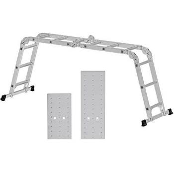 SONGMICS Escalera de Aluminio Multifuncional de 3,5 m, con 2 Placas Metálicas, Escalera Plegable, Carga de 150 kg, Plata GLT36M